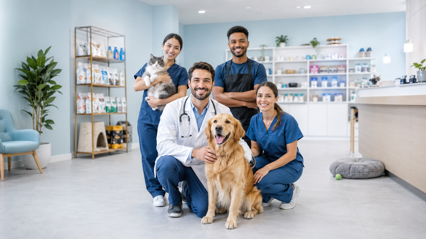 Equipe veterinária em uma clínica moderna com animais de estimação
